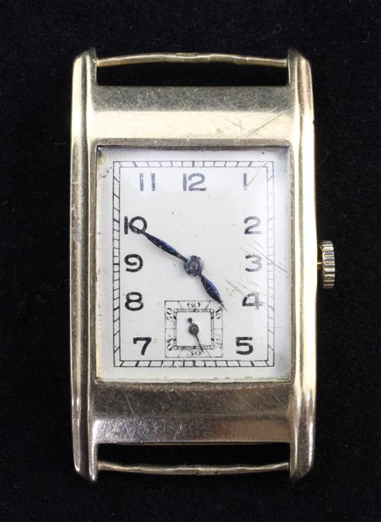 A gentlemans 1930s 9ct gold Longines manual wind wrist watch, no strap.